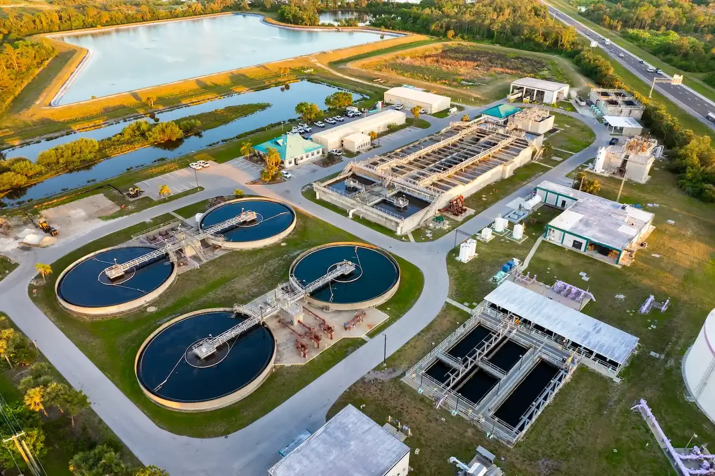 Aerial shot of an industrial water treatment plant.