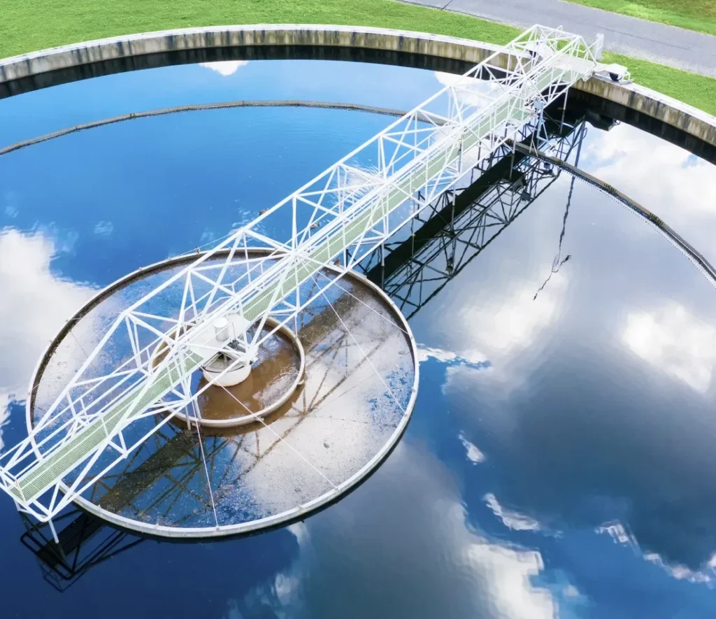 Overhead shot of a wastewater treatment plant.